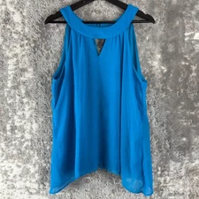 AB Studio Size L Keyhole Sleeveless Top Blue Casual Pullover Lace