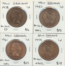 New Zealand: 1957, 1958, 1959, 1961 Penny QEII copper 1d Nice Grade 