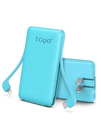 5000mAh Portable Charger with Foldable AC Plug and Cables in Blue