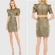 NWT Mac Duggal Ieena 27021 Metallic Puff Sleeve Cut Out Mini Dress Copper sz 2