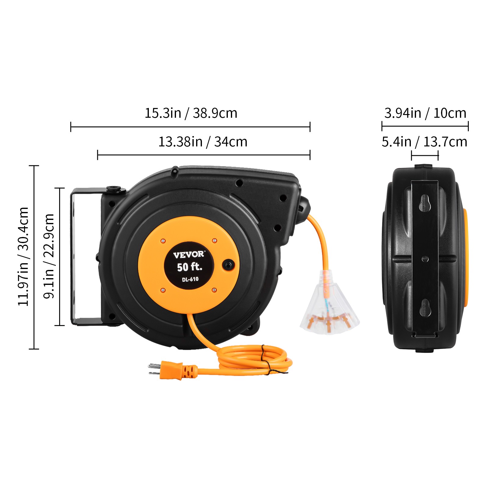 VEVOR Retractable Extension Cord Reel Power Cord Reel 50FT 14AWG/3C SJTOW