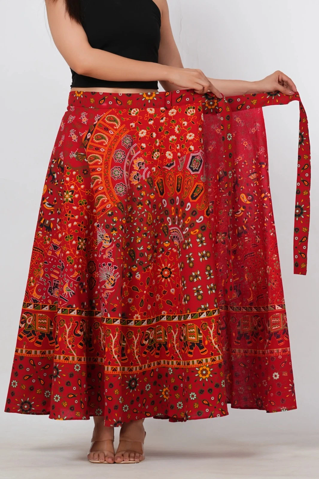 Beautiful Red Printed Women Wrap Around Skirt Indian Bollywood Flared Long Skirt