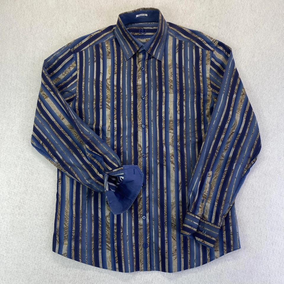 Bugatchi Uomo Shirt Mens Large Blue Gold Stripe Paisley Shaped Fit Button Down - Image 2 of 4