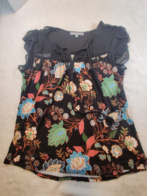 Daniel Rainn Women's Blouse Size Medium Floral Flutter Sleeve Tie Neck