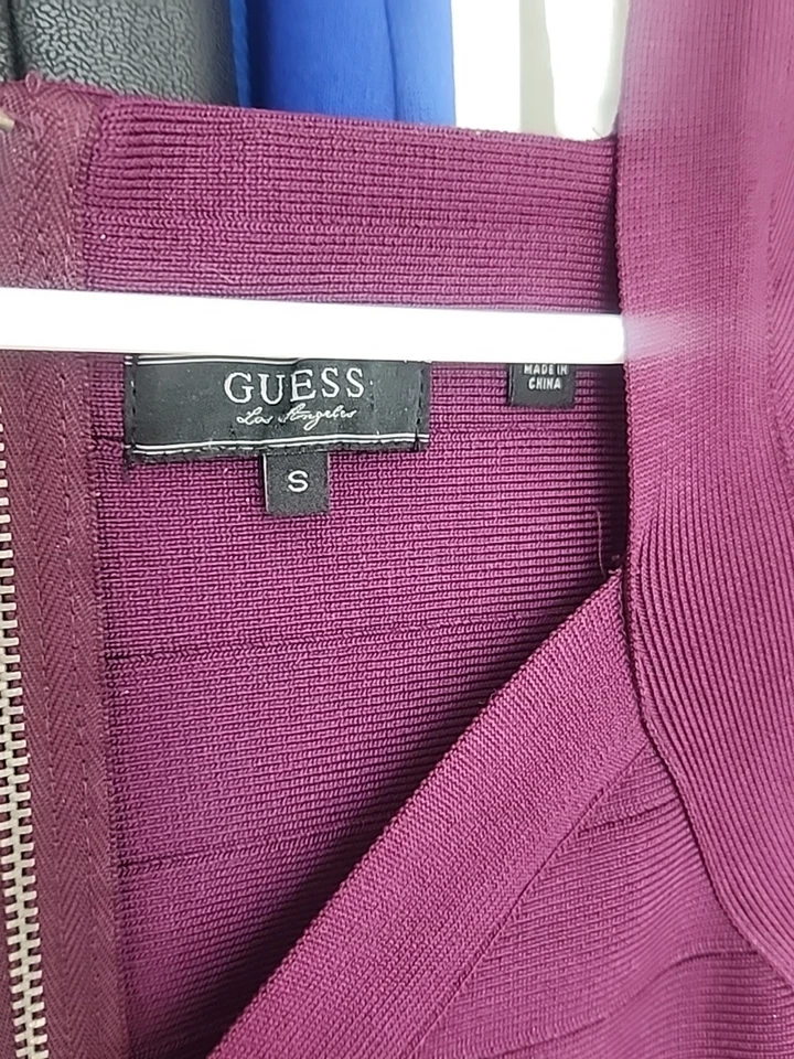 Usado en Excelente Condición Vestido Mini Midi Guess Púrpura Manga Gorra Bodycon Vendaje Talla Pequeña Sexy Estirado Foto 4 de 4