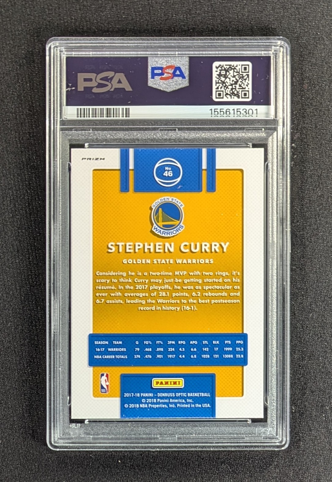 2017-18 Panini Donruss Optic Blue Velocity Prizm Stephen Curry #46 PSA 10 GEM MT view 2