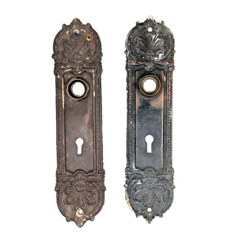 Vintage Pair Russwin Merion Door Backplate Antique Brass Shell Motif Escutcheon 