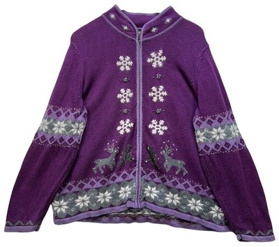 Gander Mt Guide Series Womens Zip Front Cardigan Size 2XL Purple Deer Snowflake