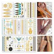 9 sheets 110 Metallic Temporary Tattoos for Adult Women Girls Tattoos Gold S...