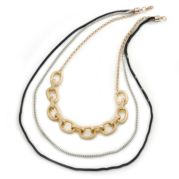 3 Strand, Layered Oval Link, Box Style Chain Necklace In Black/ Silver/ Gold