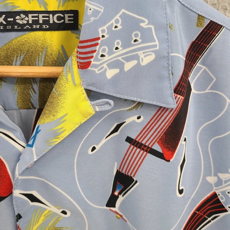 复古夏威夷衬衫男式中号蓝色吉他盒办公室环领 90 年代 Y2K — 第 3/4 张图片