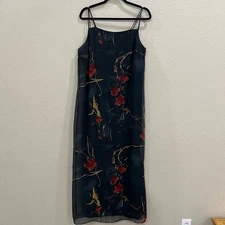 St Tropez West Dress 14 Black Red Floral Spagetti Shift Midi VTG 90s Y2K Goth