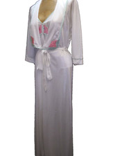 Vintage 1970's White Pink Green Nylon Nightgown  Robe Set by Val Mode S/M