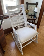 Antique Woven Wicker Rocker / Rocking Chair Cottage Shabby Chic Rattan Furniture