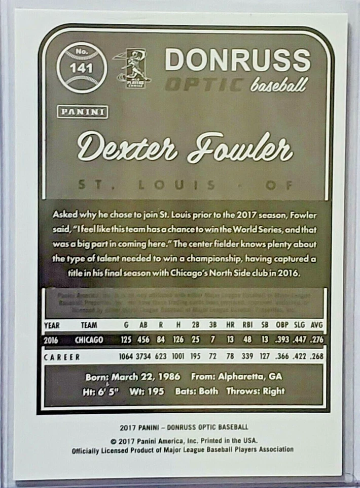 Бейсбольная карточка 2017 Donruss Optic Dexter Fowler Cardinals White Sparkle Prizm No141 SP! - Изображение 2 из 2