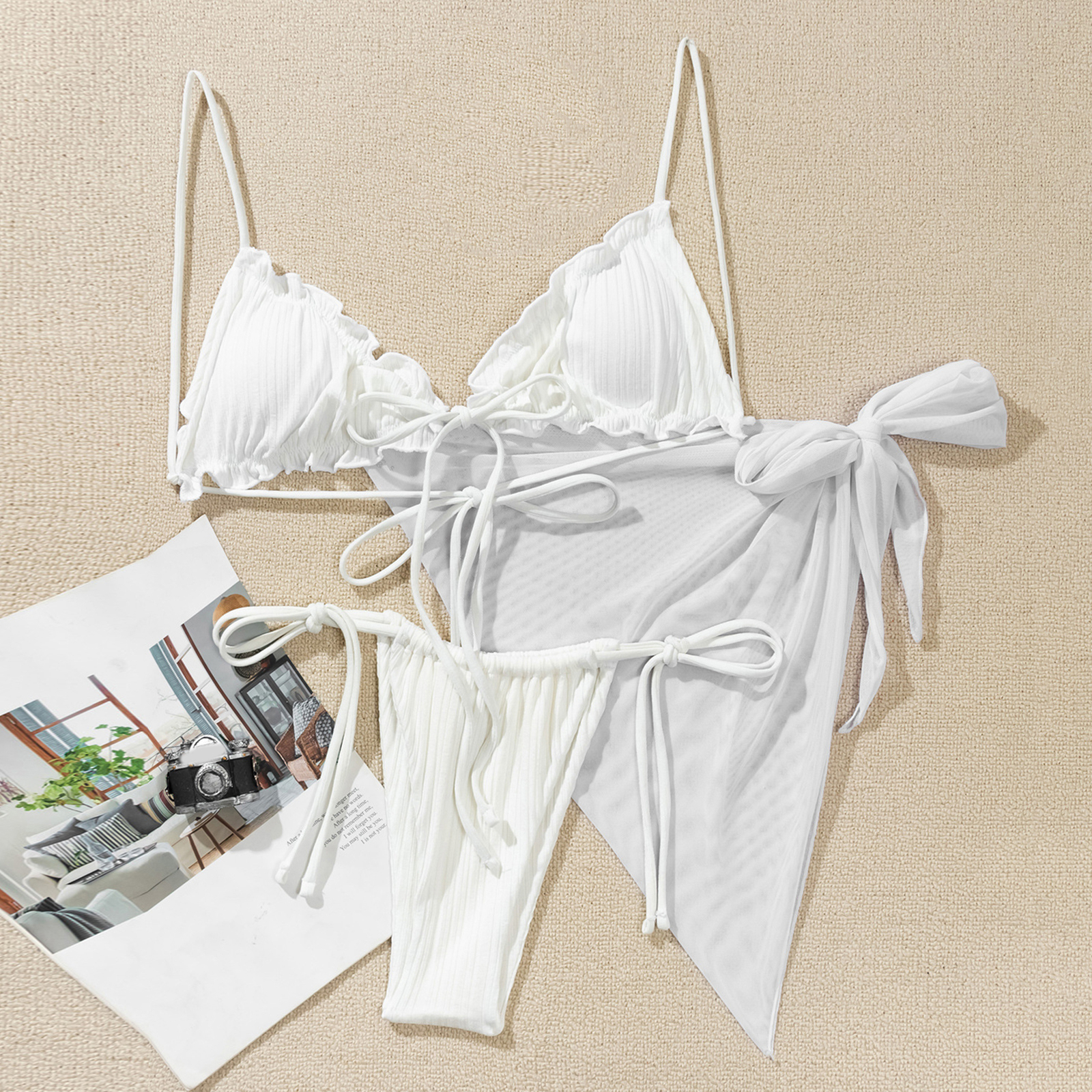 3pcs/set Bikini Cover Up Set Pleated Pushup Sling Bra Low Rise Briefs