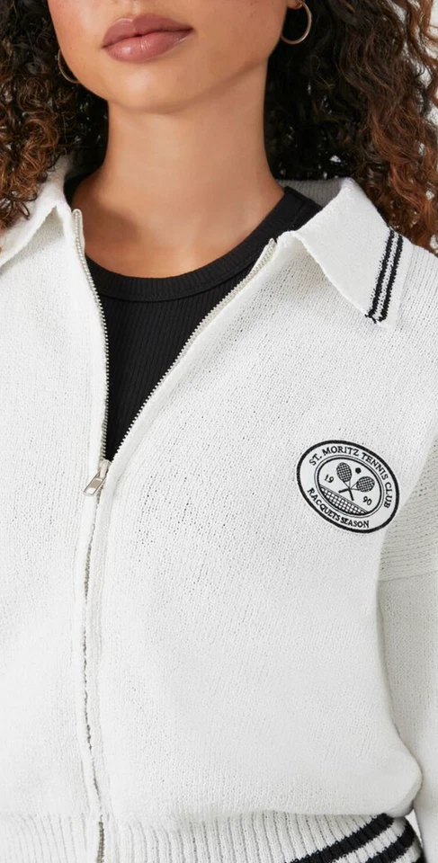Suéter Forever 21 Cremallera Para Mujer’s M Blanco St. Moritz Club de Tenis Cárdigan Foto 2 de 4
