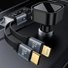 2 IN 1 Retractable Car Charger Cable Dual Port USB C PD Fast Charging Adapter US