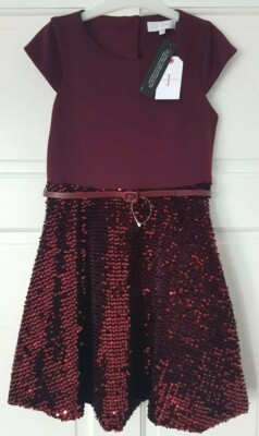 Jasper Conran Wine (burgundy) Sequin Belt Dress /Girl's Party Dress Age 7-8  NEW UK
