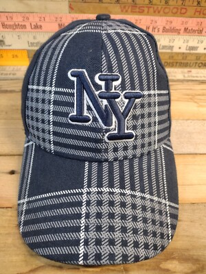 New York NY Plaid Baseball Cap Hat Navy Blue And White 3d embroidery hook n loop