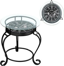 Glass Working Clock Side Table Metal Frame Moving gears Cogs Round Coffee Table
