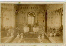 to identify, tiled pavilion interior, pond decorated with plants, ceramic