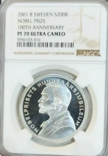2001 SWEDEN SILVER 200 KRONOR NOBEL PRIZE 100TH ANNIV NGC PF 70 ULTRA CAMEO 