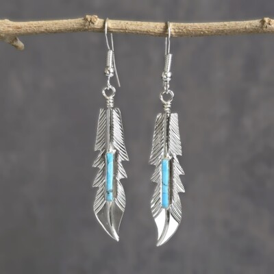 Native American Navajo Allen Barney Sterling Silver Turquoise Feather  Earrings