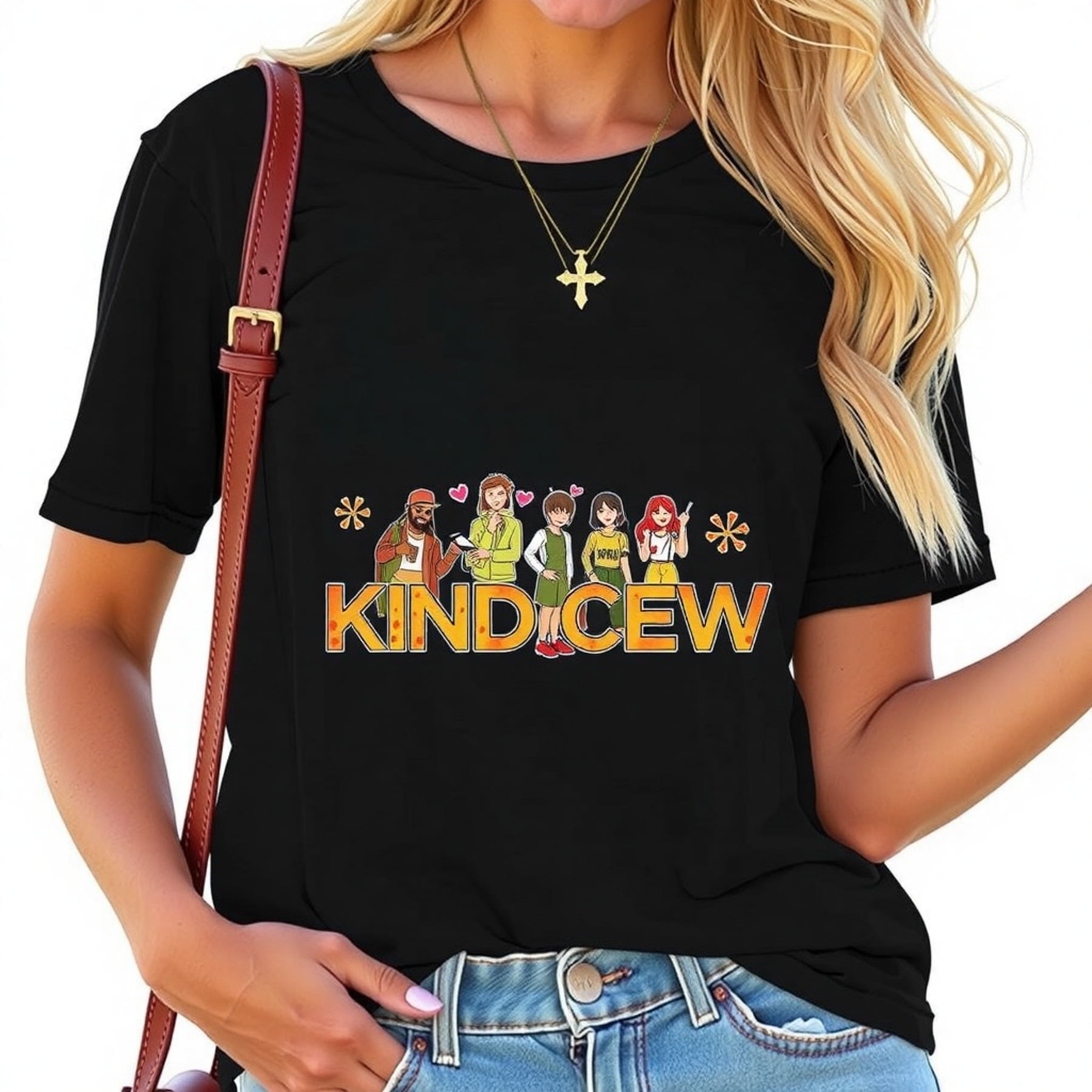 Stylish Black KINDCEW Graphic T-Shirt with Cartoon Band Design Perfes