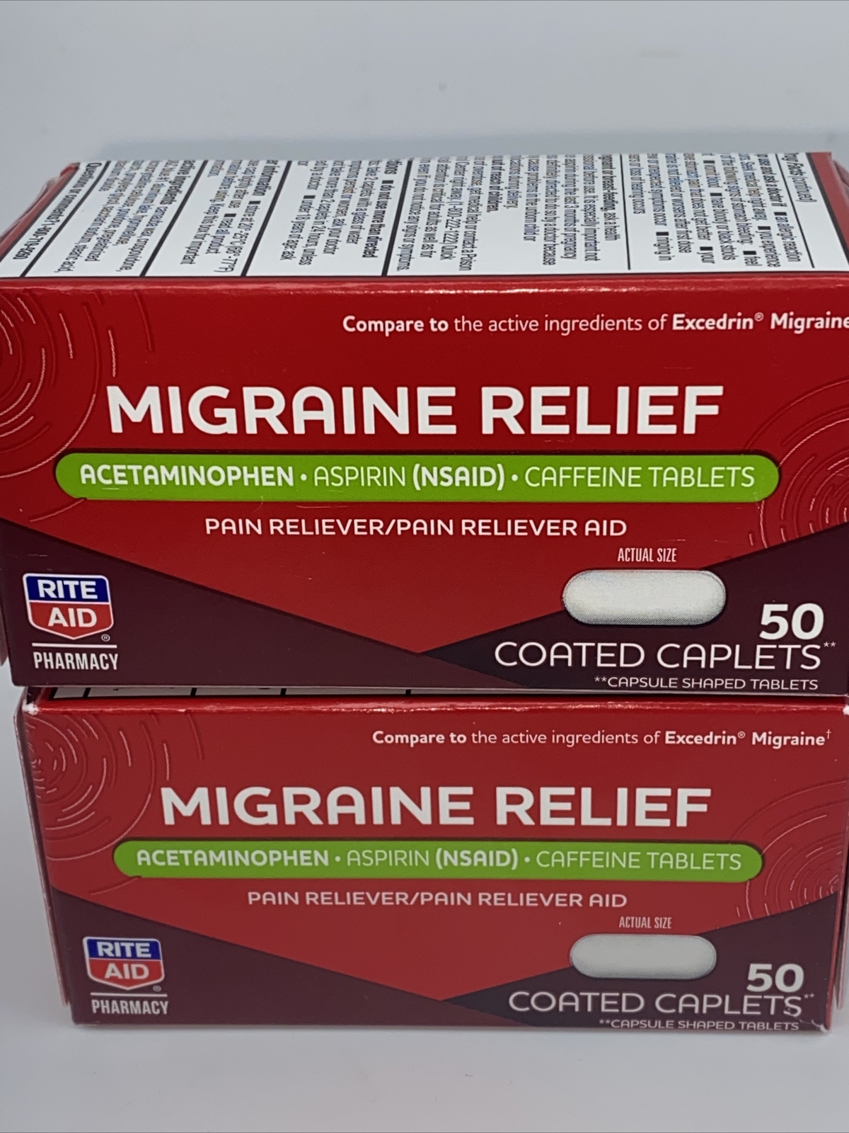 Lot Of 2 Rite Aid Migraine Relief, Acetaminophen Aspirin Caffeine 100