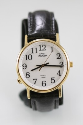 Timex Indiglo Herren Uhr Gold Edelstahl Schwarz Leder Licht WR Weiß Quarz