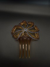 Vintage Art Deco Style Hair Comb Amber Celluloid w/ Rhinestones  Missing Stones