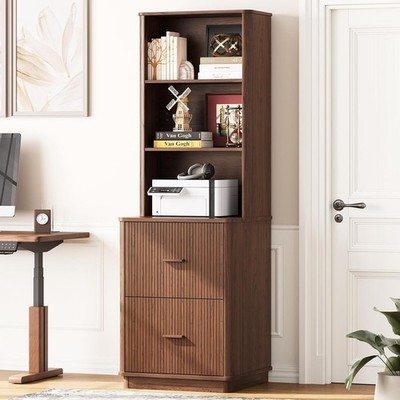 71'' Tall Fluted Bookcase with 2 File Ders, Curved Design