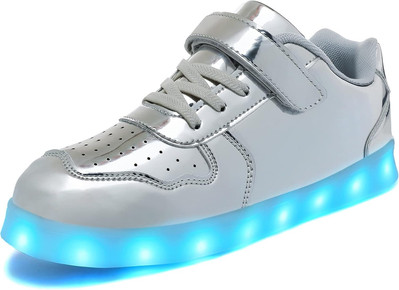 Kids LED Light-Up Sneakers, Hook Loop, USB Rechargeable Silver