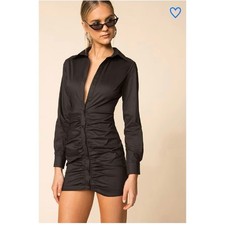 Forever 21 Deep Plunge Ruched Long Sleeve Mini Dress Size L Blackout Party