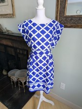 Eliza J Size 8 Blue Trellis Print Pleated Shoulder Belted Dress Pockets 163C