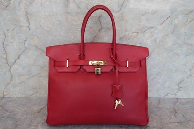 HERMES Birkin 35 Courchevel Handbag Rouge Vif Square A (1997
