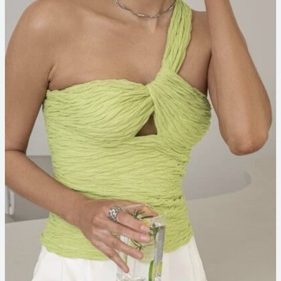 NWT Sollinarry M One Shoulder Cut Out Front Ruched Top Green Y2K Clubwear Sexy