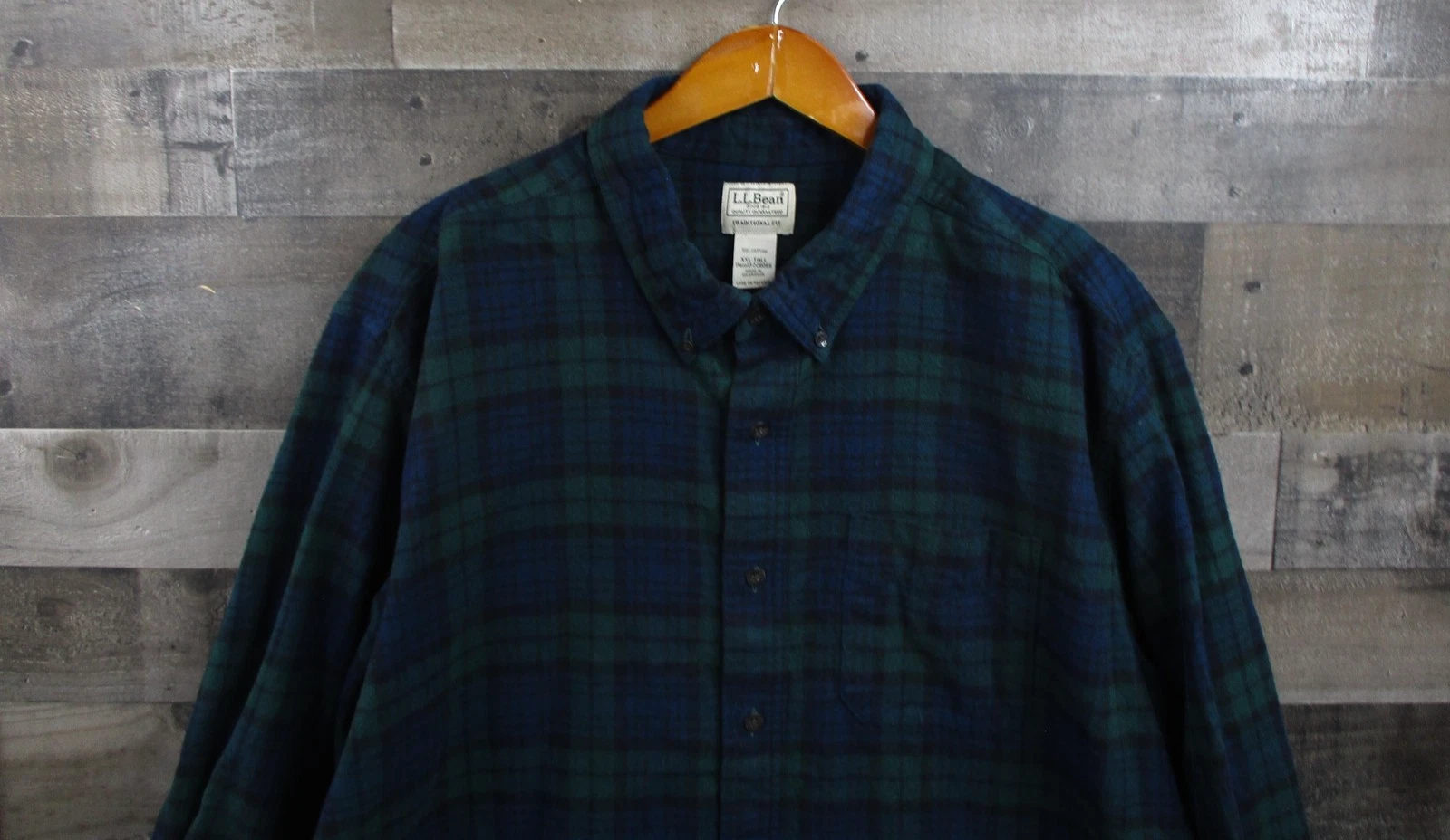 LL Bean Flannel Shirt Mens 2XL Tall Green Tartan Plaid Button Down Outdoor