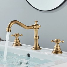 Antique Brass Bathroom Faucet 3 Holes Basin Faucet Deck Mount Tap Hot Cold Water