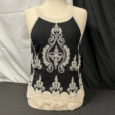 It's Pink Black Lace Trim Tank Top Women's Medium Sleeveless Embroidered Boho M