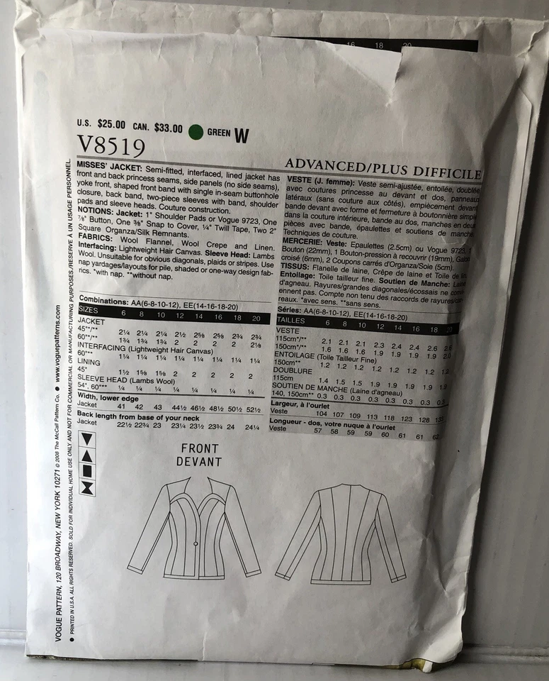 Vogue 8519 Claire SHAFFER Couture Jacket With Tailoring Details Pattern Sz14-20 - Image 3 of 3