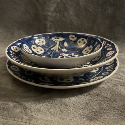 Williams Sonoma Iznik 3 Piece Plate Set Dinner/Salad/Bowl Blue Stoneware Rare