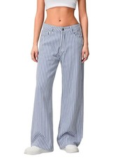 High-Waist Wide-Leg Striped Denim Jeans Stretch Baggy Boyfriend with Pockets