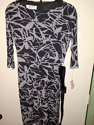 Kasper Women s 2 Gray/Black Abstract Sheath Dress Round Neck 3/4 Sleeve size 2