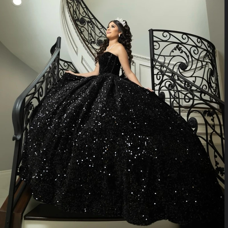 black sweet 16 dress Strapless Sequin Ball Gown Quinceanera Sparkly Evening Dresses Jean Paul Gaultier | filter_FabricShopBy:bamboo-jersey Embellished across the torso Band Size:38