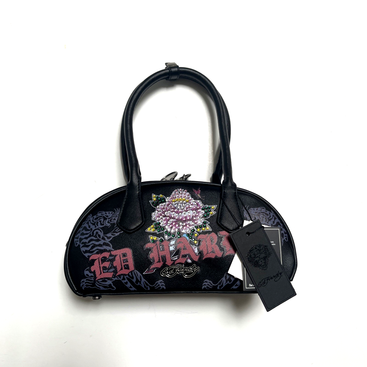 Ed Hardy Mini Dome Shoulder Bag Rhinestone Skull Zipper Black Y2K
