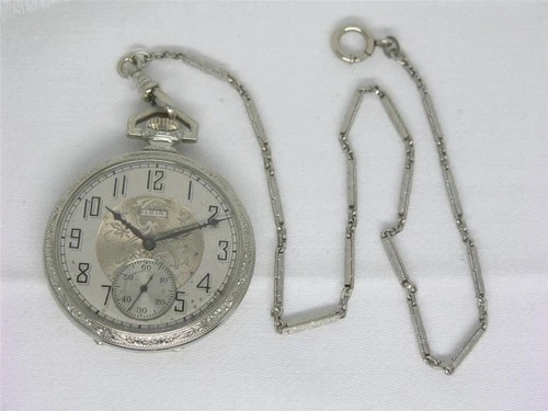 ANTIQUE GENTS 12 SIZE ELGIN 14K WHITE GOLD FILLED POCKET WATCH & CHAIN, SERVICED