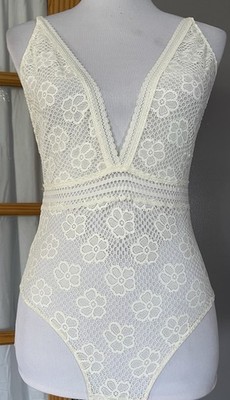 Aerie Full Floral Lace Lingerie Bodysuit Womens Sz M Ivory Adjustable Strap Sexy