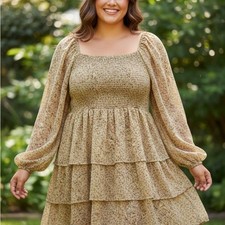 Smocked Square-Neck Tiered Midi Dress in Light Beige Floral